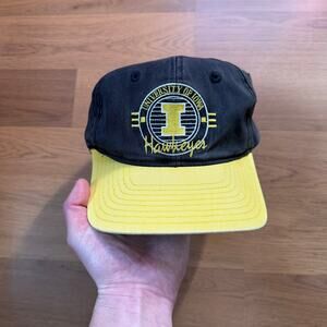Vintage 90's University of Iowa Hawkeyes Faded Black Yellow Snapback Hat Cap VTG